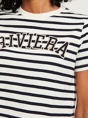 Ecru-Weiss/Marineblau - Kurzärmeliges T-Shirt mit Rundhalsausschnitt aus 100 % Baumwolle - Bild 4 von 6