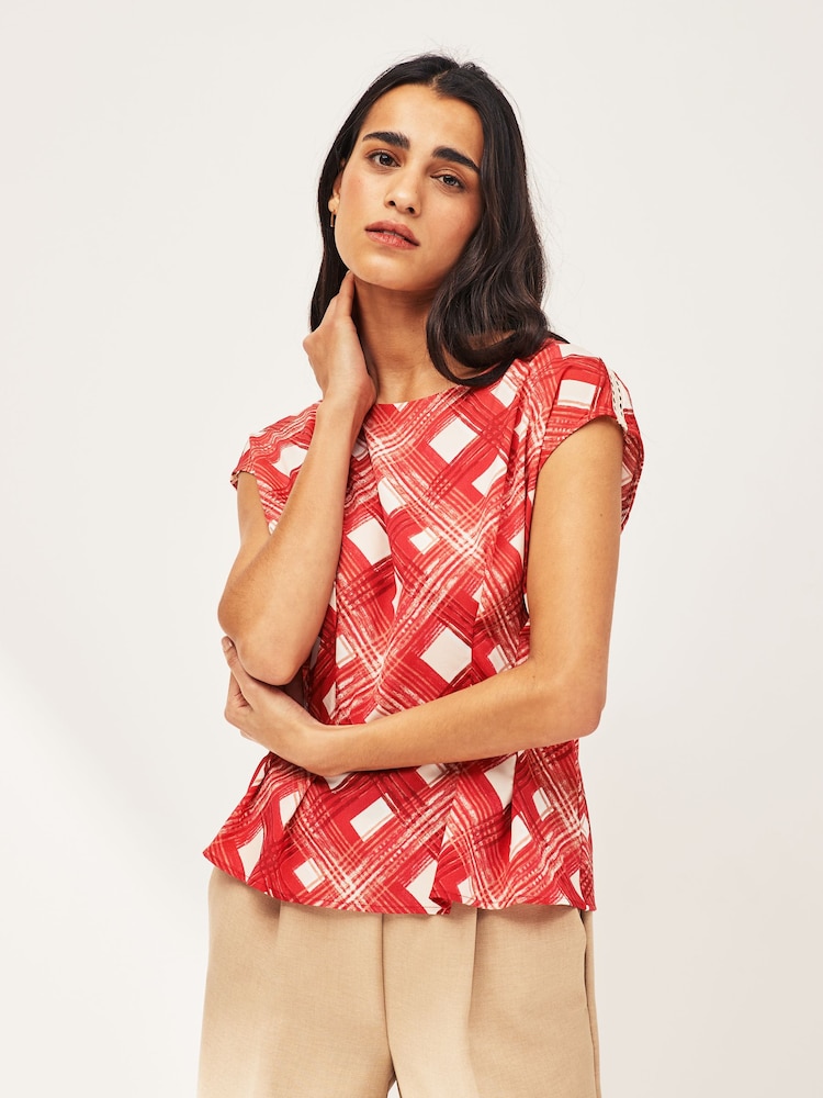 Ladder Trim Red Print Short Sleeve Woven Mix T-Shirt - Image 1 of 6