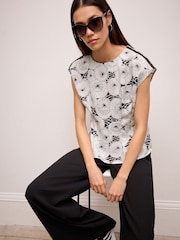 Ladder Trim Mono Print Short Sleeve Woven Mix T-Shirt - Image 1 of 6