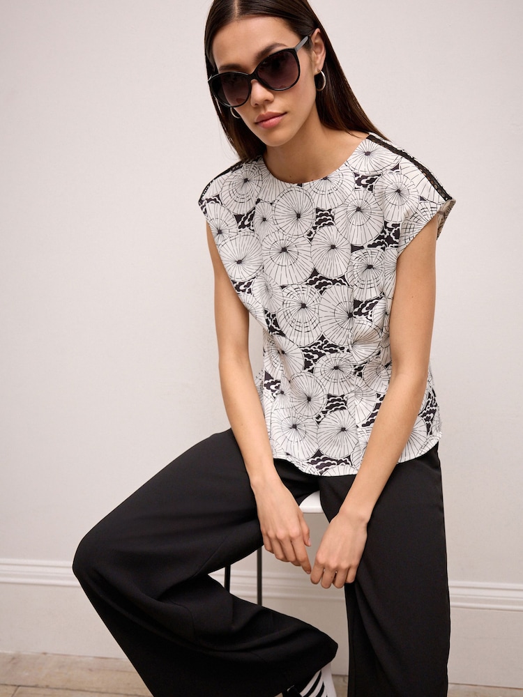 Ladder Trim Mono Print Short Sleeve Woven Mix T-Shirt - Image 1 of 6