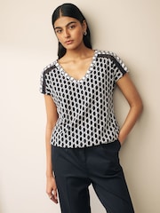 Black/White V-Neck Bubble Hem Top - Image 1 of 5