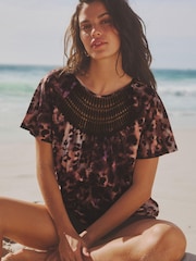 Pink Animal Short Sleeve Crochet Bubblehem Printed Top - Image 1 of 6