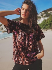 Pink Animal Short Sleeve Crochet Bubblehem Printed Top - Image 2 of 6