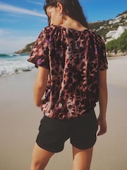 Pink Animal Short Sleeve Crochet Bubblehem Printed Top - Image 3 of 6