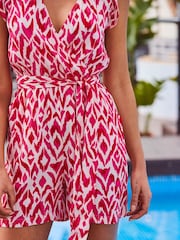Sosandar Pink Geometric Print Ruffle Sleeve Belted Playsuit - Image 5 of 5