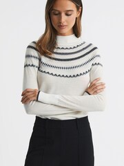 Reiss Cream/Grey Sloane Wool-Cashmere Fairisle Pattern Funnel Neck Jumper - Image 1 of 5