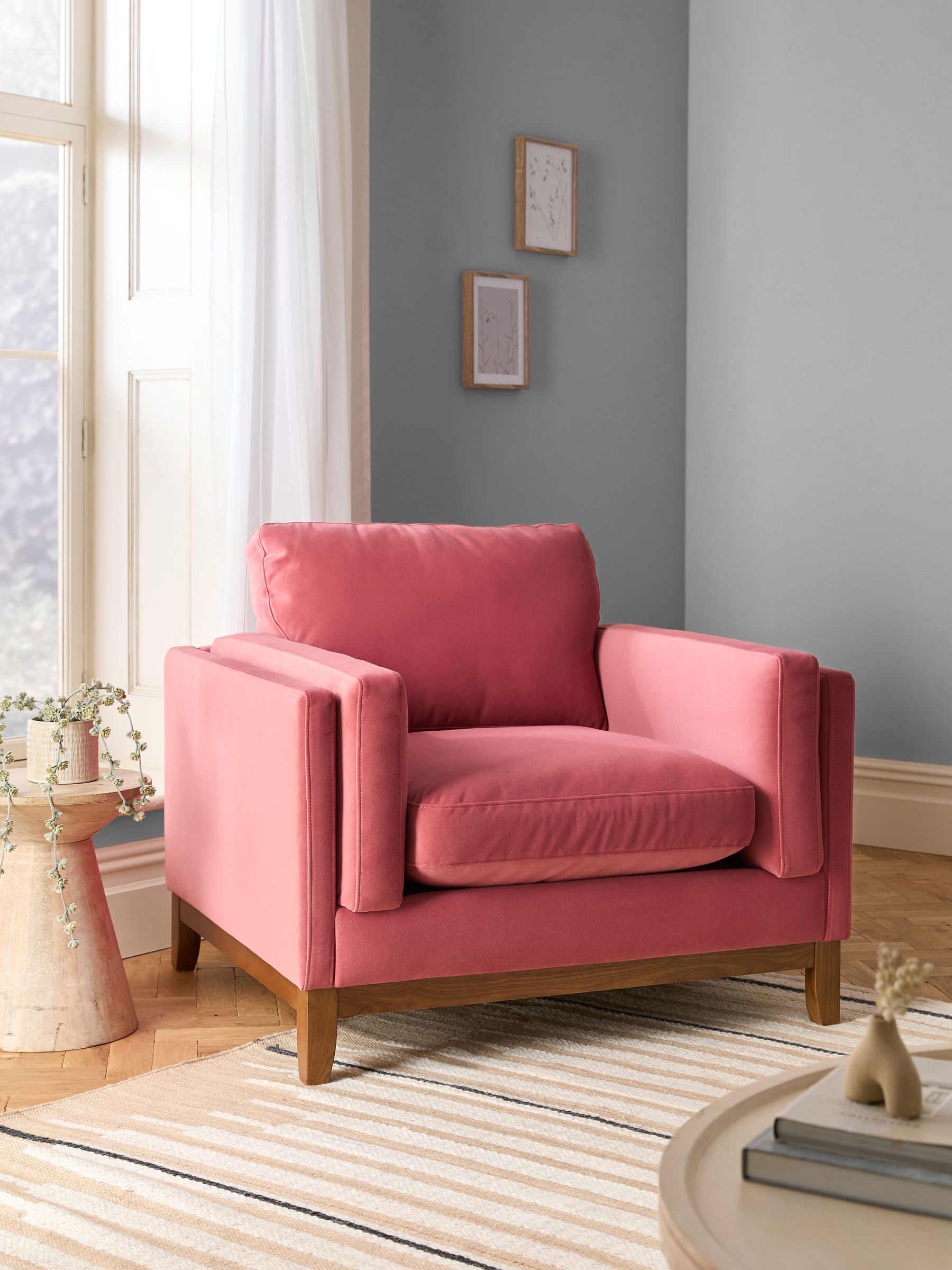 Buy Soft Velvet Raspberry Pink Bennett Wooden Arm Chair from Next Ireland