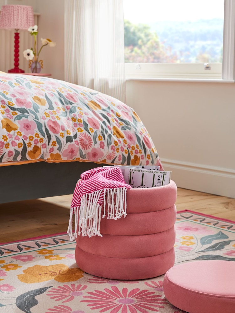 Soft Velvet Raspberry Pink Ribbed Storage Stool - Image 2 of 6
