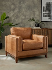 Vintaged Faux Leather Light Brown Bennett Wooden Arm Chair - Image 1 of 8