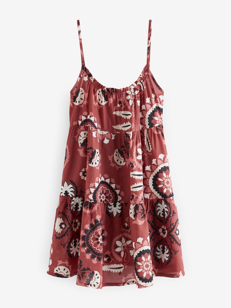 Burgundy Red Aztec Mini Tiered Summer Cotton Dress - Image 1 of 1