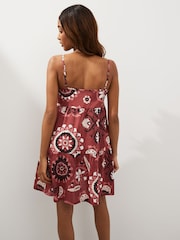 Burgundy Red Aztec Mini Tiered Summer Cotton Dress - Image 2 of 4