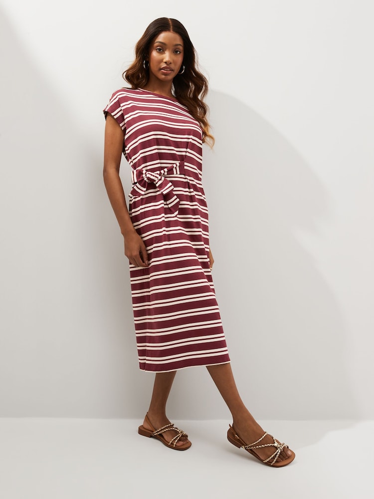 Chocolate Brown Stripe 100% Cotton Short Sleeve Tie Side Summer Dress - Image 1 of 5