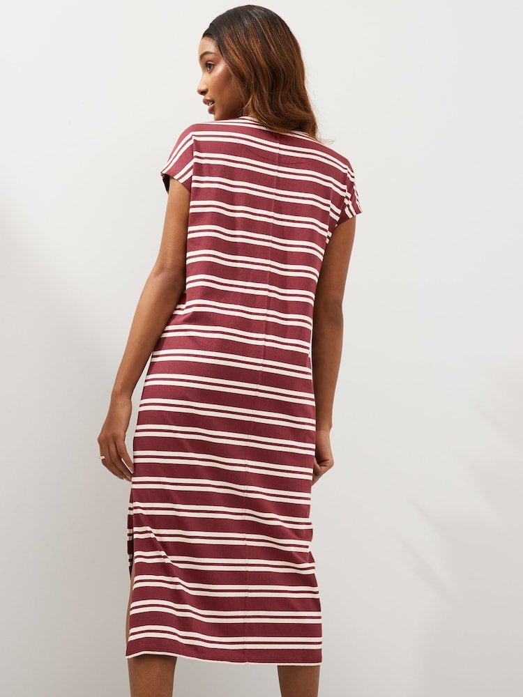 Chocolate Brown Stripe 100% Cotton Short Sleeve Tie Side Summer Dress - Image 2 of 5