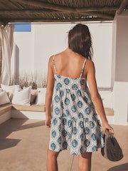 White/Blue Woodblock Mini Tiered Summer 100% Cotton Dress - Image 2 of 5