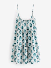 White/Blue Woodblock Mini Tiered Summer 100% Cotton Dress - Image 4 of 5