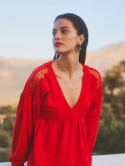 Red Long Sleeve V-Neck Crochet Cutwork Blouse - Image 1 of 6