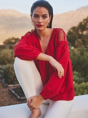 Red Long Sleeve V-Neck Crochet Cutwork Blouse - Image 2 of 6