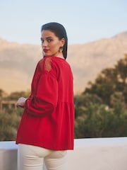 Red Long Sleeve V-Neck Crochet Cutwork Blouse - Image 3 of 6
