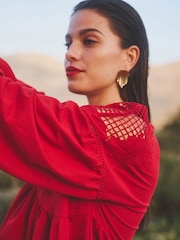 Red Long Sleeve V-Neck Crochet Cutwork Blouse - Image 4 of 6