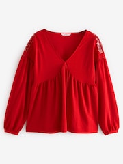 Red Long Sleeve V-Neck Crochet Cutwork Blouse - Image 5 of 6