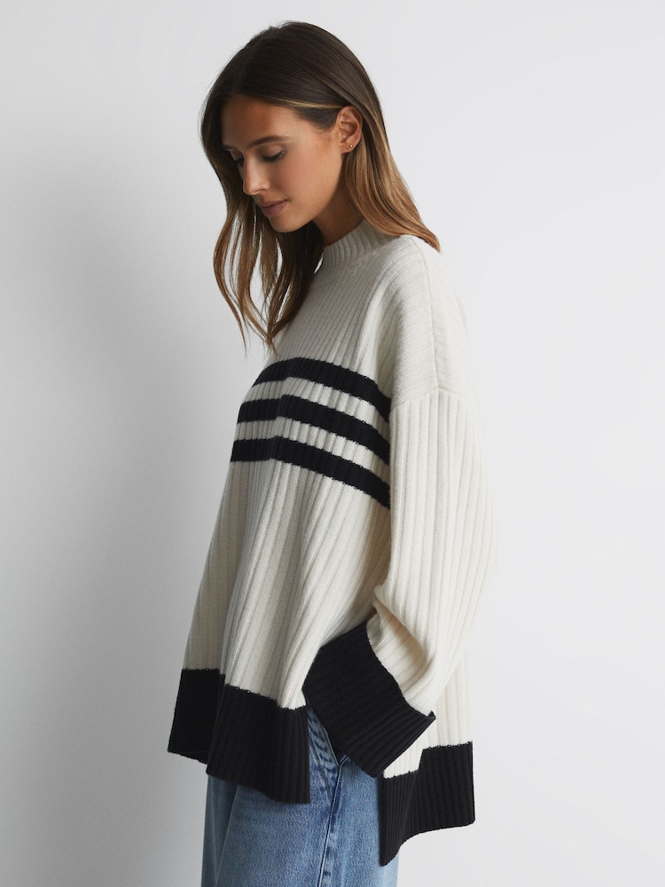 Reiss Cream/Navy Misha Ribbed Wool Funnel Neck Jumper - Image 1 of 4