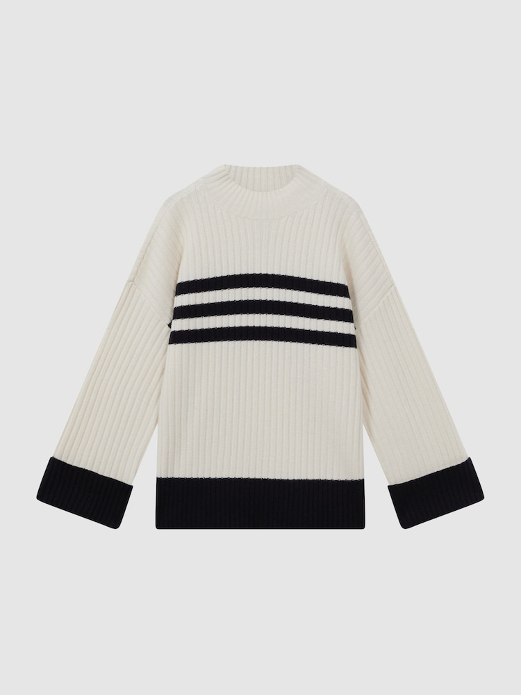 Reiss Cream/Navy Misha Ribbed Wool Funnel Neck Jumper - Image 2 of 4