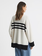 Reiss Cream/Navy Misha Ribbed Wool Funnel Neck Jumper - Image 4 of 4