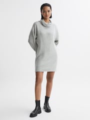 Reiss Soft Grey Sami Oversized Wool Blend Cowl Neck Mini Dress - Image 1 of 5