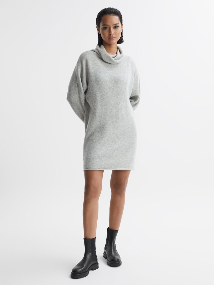 Reiss Soft Grey Sami Oversized Wool Blend Cowl Neck Mini Dress - Image 1 of 5