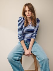 Navy Blue/Ecru White Notch Front Long Sleeve Textured Stripe Top - Image 1 of 6