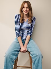 Navy Blue/Ecru White Notch Front Long Sleeve Textured Stripe Top - Image 2 of 6