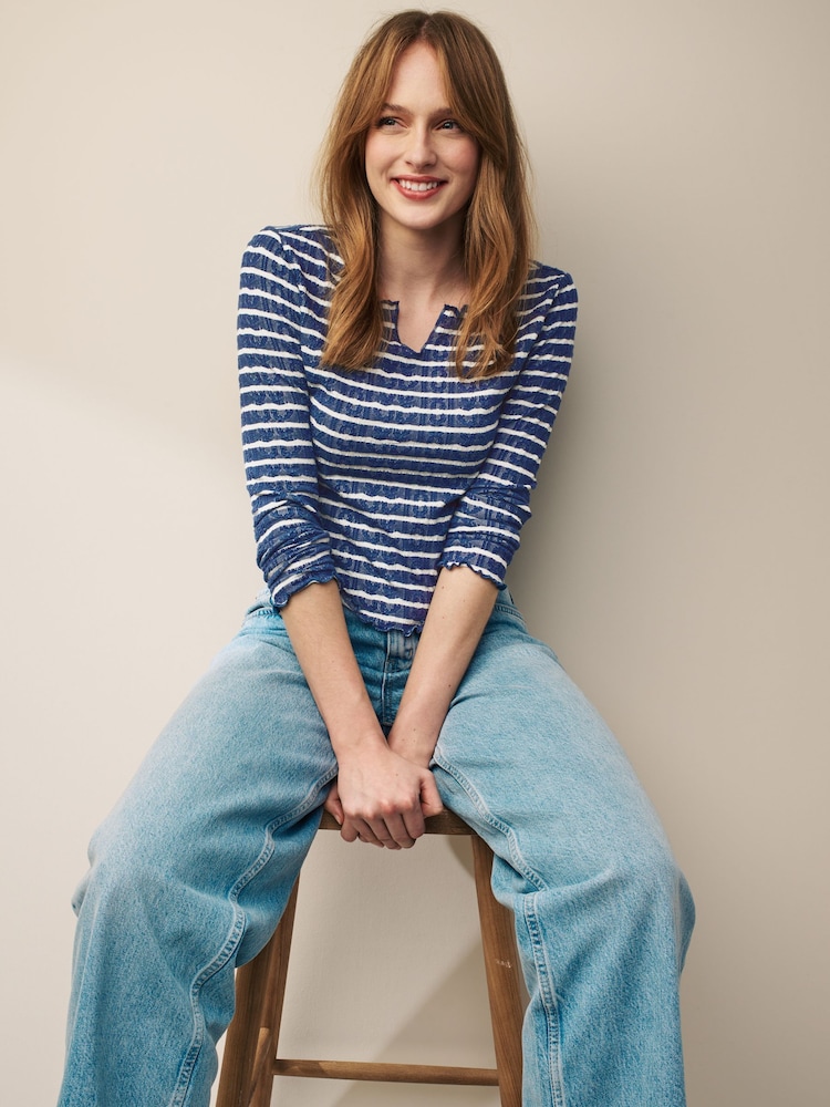 Navy Blue/Ecru White Notch Front Long Sleeve Textured Stripe Top - Image 2 of 6