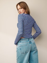 Navy Blue/Ecru White Notch Front Long Sleeve Textured Stripe Top - Image 3 of 6