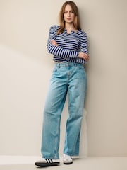 Navy Blue/Ecru White Notch Front Long Sleeve Textured Stripe Top - Image 4 of 6