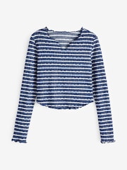 Navy Blue/Ecru White Notch Front Long Sleeve Textured Stripe Top - Image 5 of 6