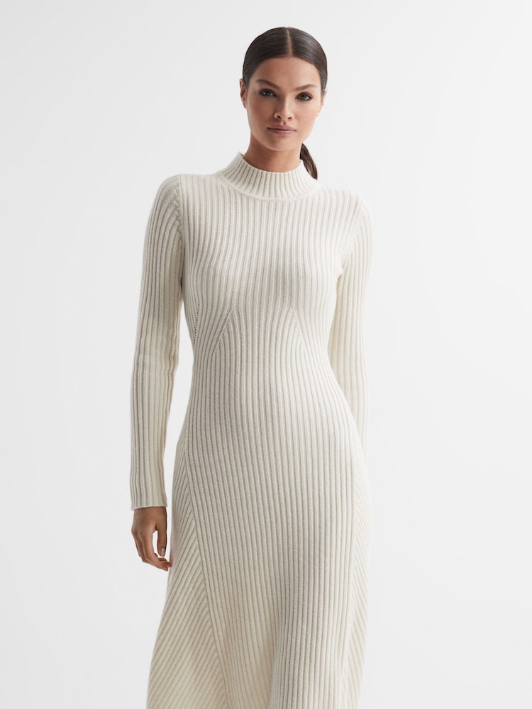 cream wool midi dress Quarter-Sleeve Brooch Wool Midi Dress