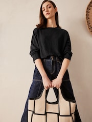Black 100% Linen Long Sleeve Crew Top - Image 1 of 8