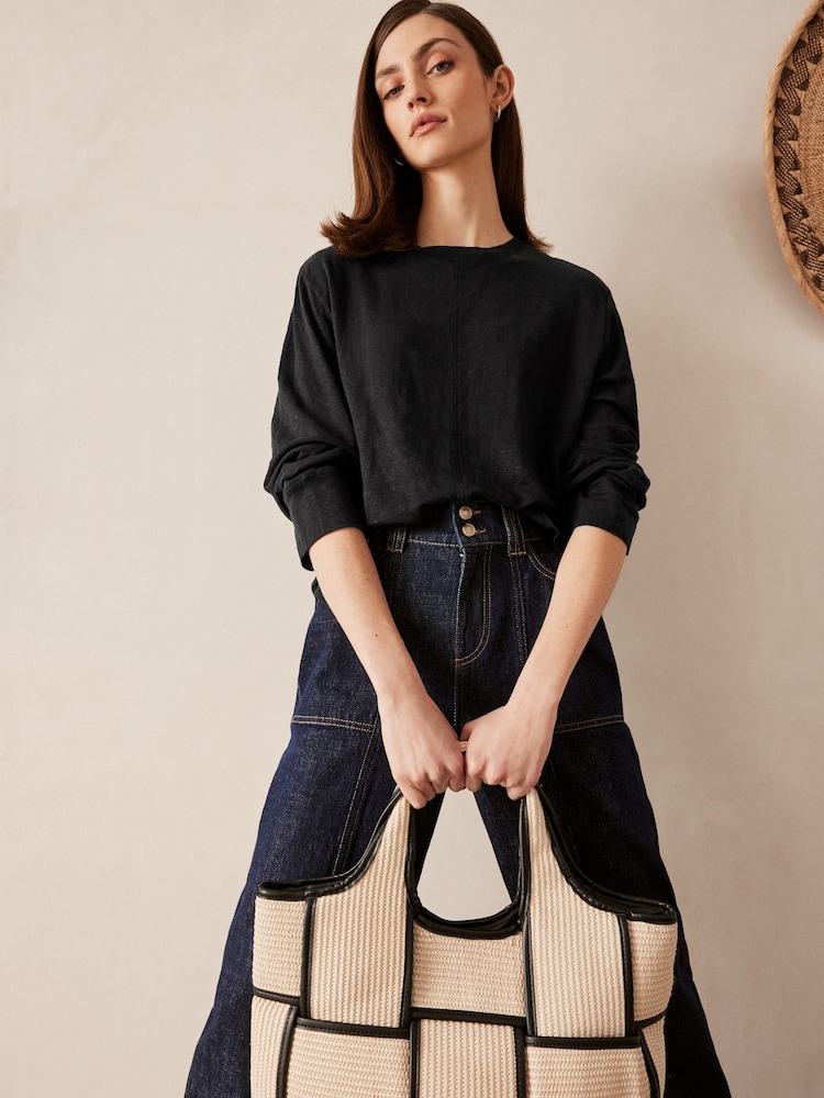 Black 100% Linen Long Sleeve Crew Top - Image 1 of 8