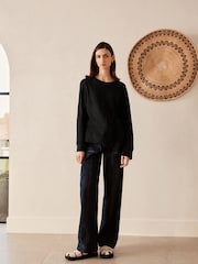 Black 100% Linen Long Sleeve Crew Top - Image 2 of 8