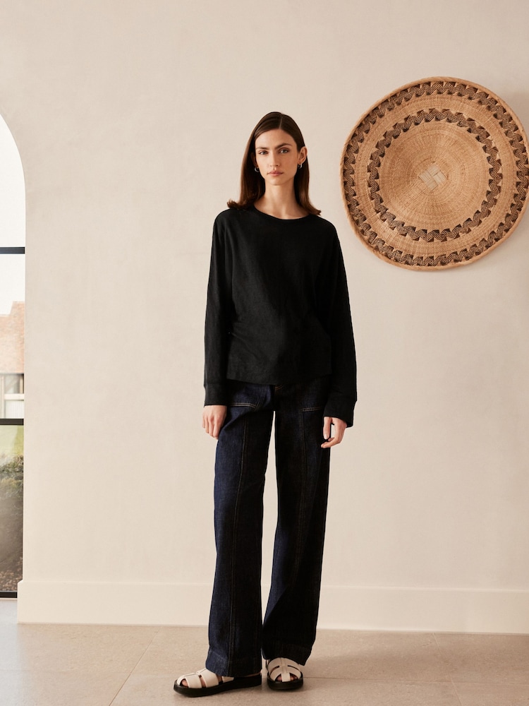 Black 100% Linen Long Sleeve Crew Top - Image 2 of 8
