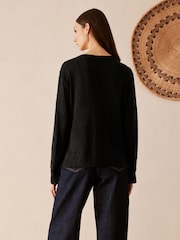 Black 100% Linen Long Sleeve Crew Top - Image 3 of 8