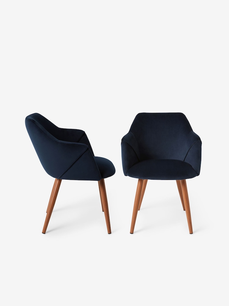 MADE.COM Set of 2 Dark Blue and Walnut Legs Lule Arm Dining Chairs - Image 2 of 2