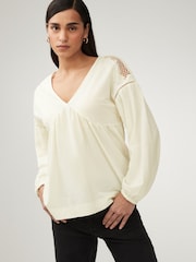 Ecru Long Sleeve V-Neck Crochet Cutwork Blouse - Image 1 of 7