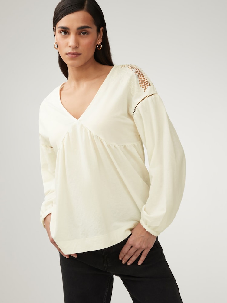 Ecru Long Sleeve V-Neck Crochet Cutwork Blouse - Image 1 of 7