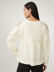 Ecru Long Sleeve V-Neck Crochet Cutwork Blouse - Image 2 of 7