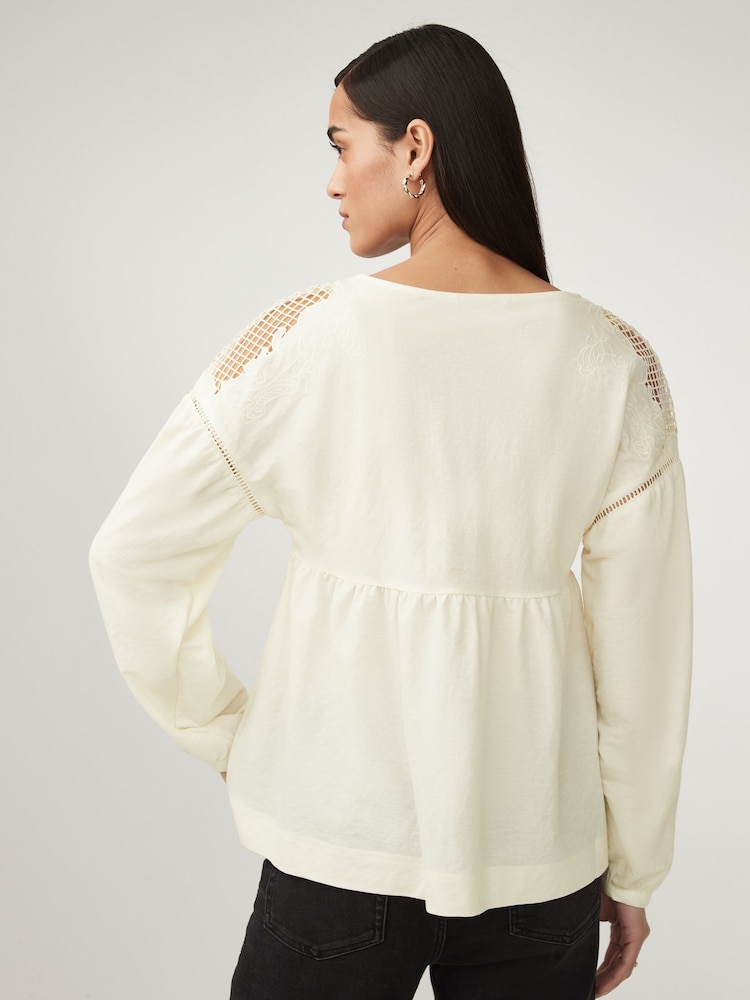 Ecru Long Sleeve V-Neck Crochet Cutwork Blouse - Image 2 of 7