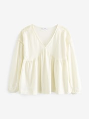 Ecru Long Sleeve V-Neck Crochet Cutwork Blouse - Image 6 of 7