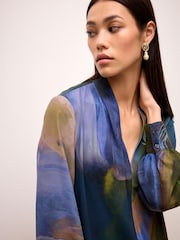 Marineblau/Aquarellmuster - Langärmelige Bluse mit V-Ausschnitt und Bündchen - Bild 4 von 6