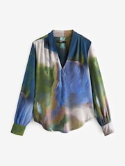 Marineblau/Aquarellmuster - Langärmelige Bluse mit V-Ausschnitt und Bündchen - Bild 5 von 6