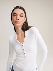 White Ribbed Button Detail Long Sleeve Henley Top - Image 1 of 7